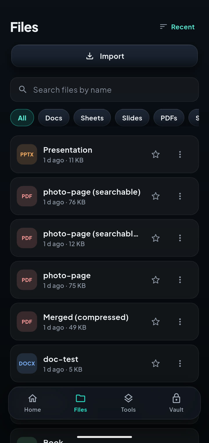 Hushdoc Files screen listing documents found on the phone