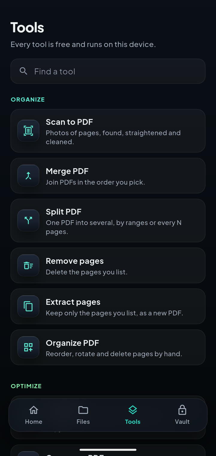 The Hushdoc Tools screen with PDF tools